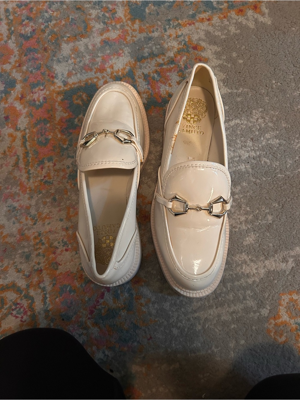 Vince Camuto Cream Patent Loafers with Gold Bit
